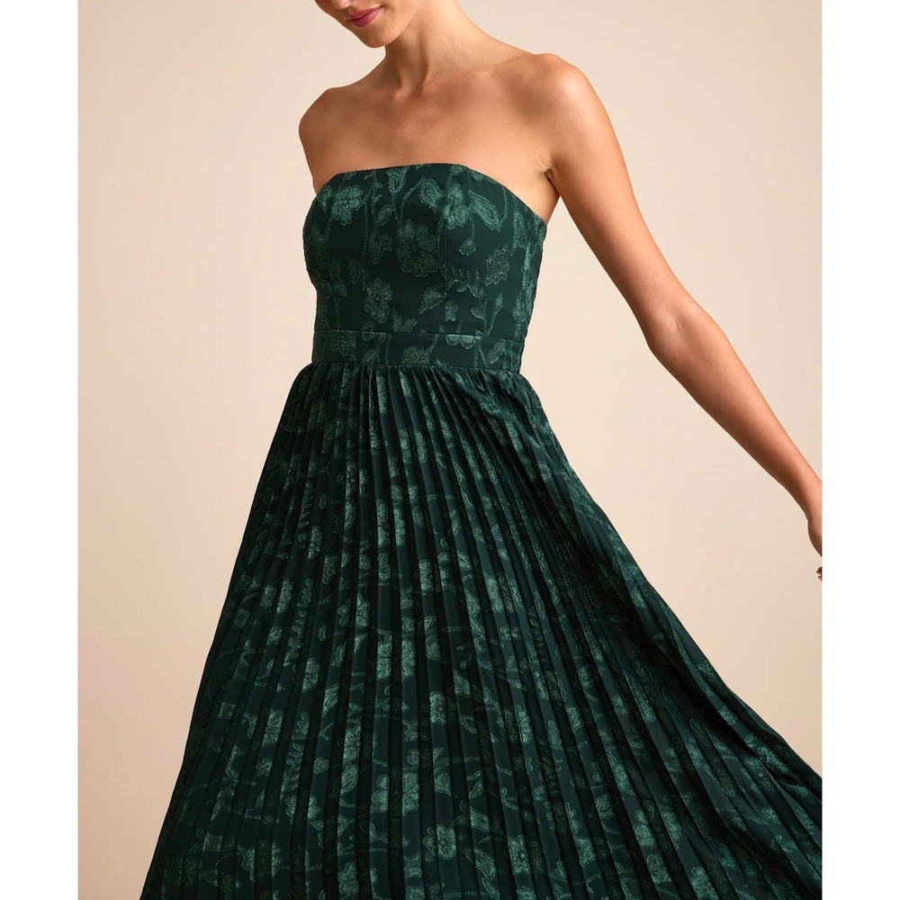 Lulus Perfectly Stunning Emerald Jacquard Strapless Pleated Midi Dress L 2678